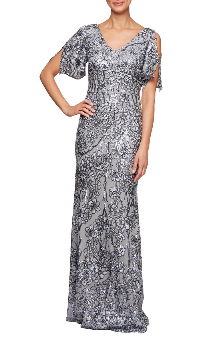 Alex Evenings Sequin Lace Cold Shoulder Trumpet Evening Gown, Main, color, Silver