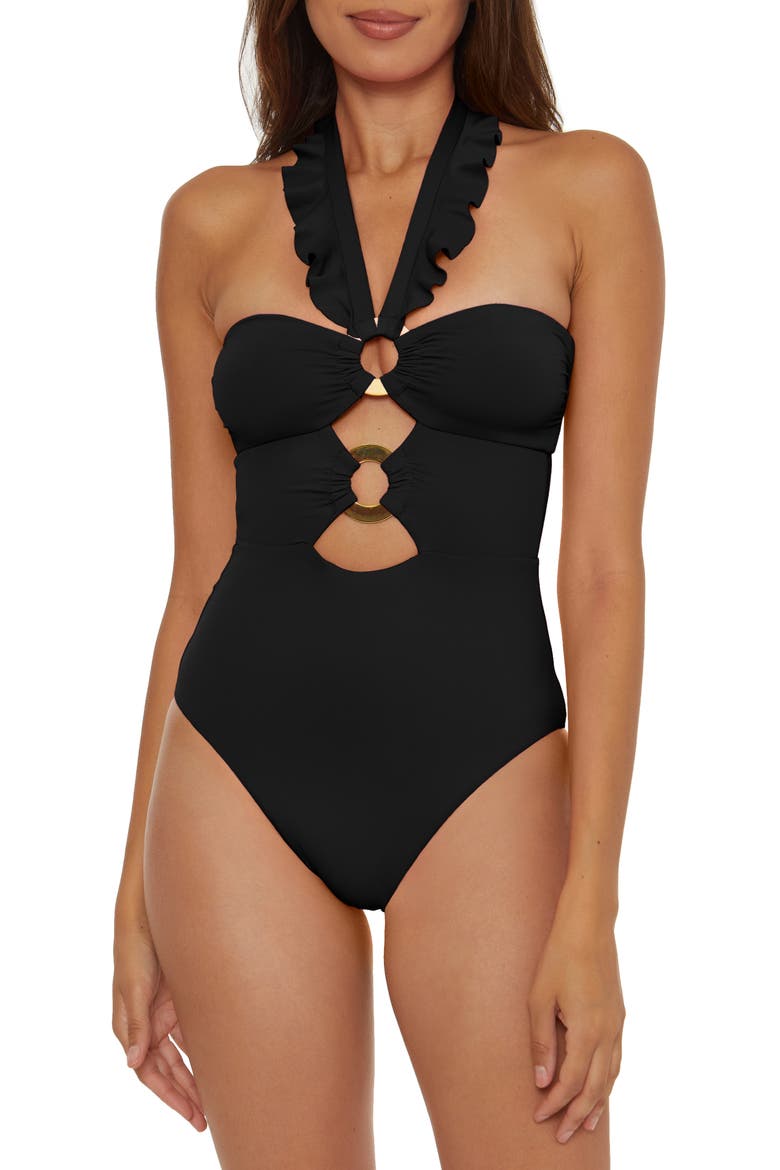 Ruffle Strappy One-PIece Swimsuit, Main, color, BLACK