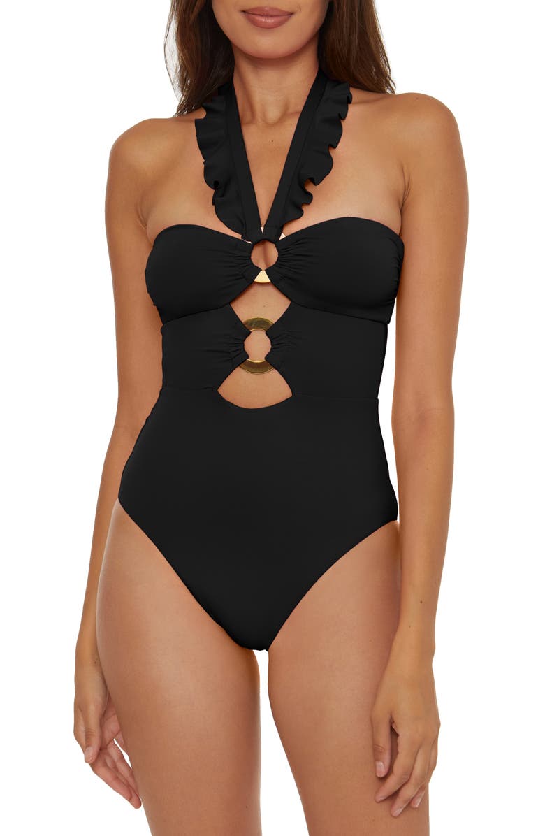 Soluna Ruffle Strappy One-PIece Swimsuit, Main, color, Black