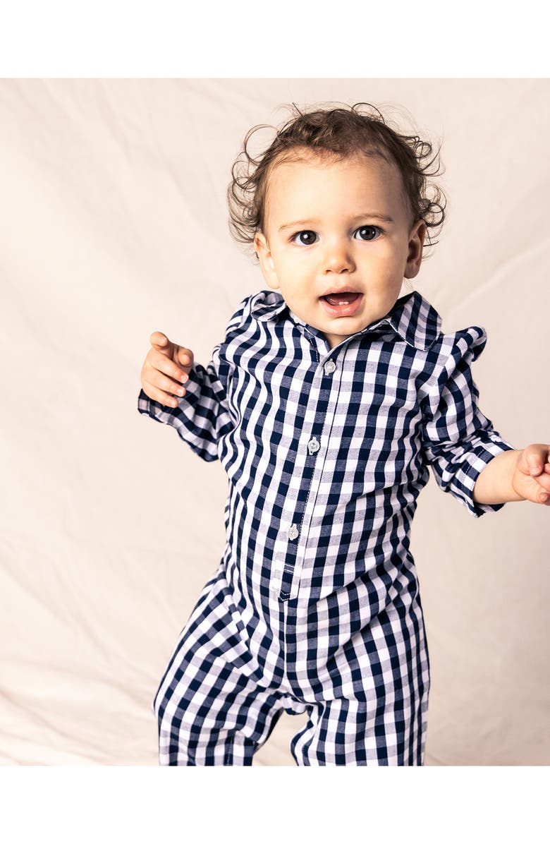 Petite Plume Gingham Romper, Alternate, color, Navy