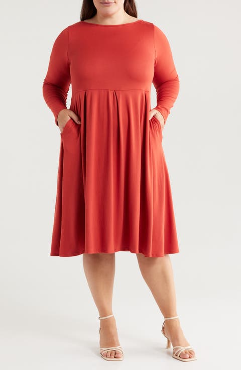 Fit & Flare Long Sleeve Jersey Midi Dress (Plus)