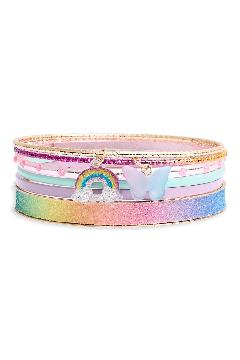 Kids' 6-Piece Assorted Rainbow & Butterfly Charm Bangle Set, Main, color, PINK MULTI