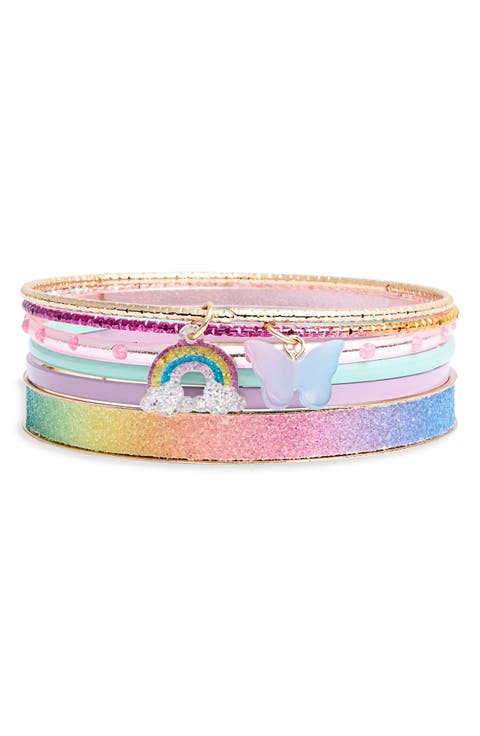 Kids' 6-Piece Assorted Rainbow & Butterfly Charm Bangle Set