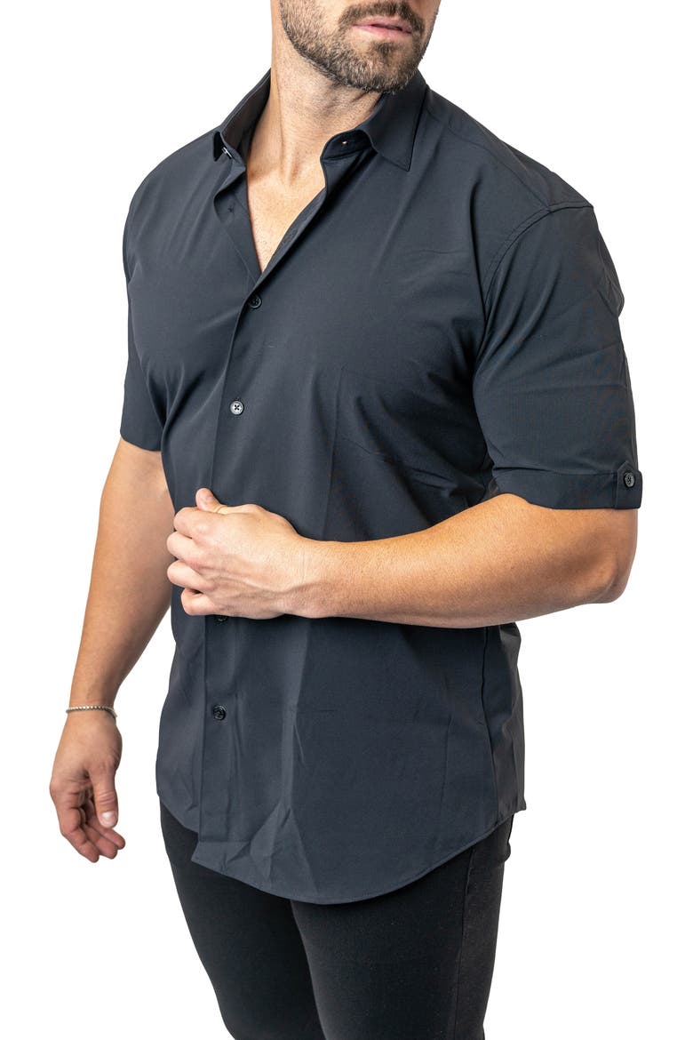 Galileo Stretchcore Short Sleeve Performance Button-Up Shirt, Alternate, color, BLACK