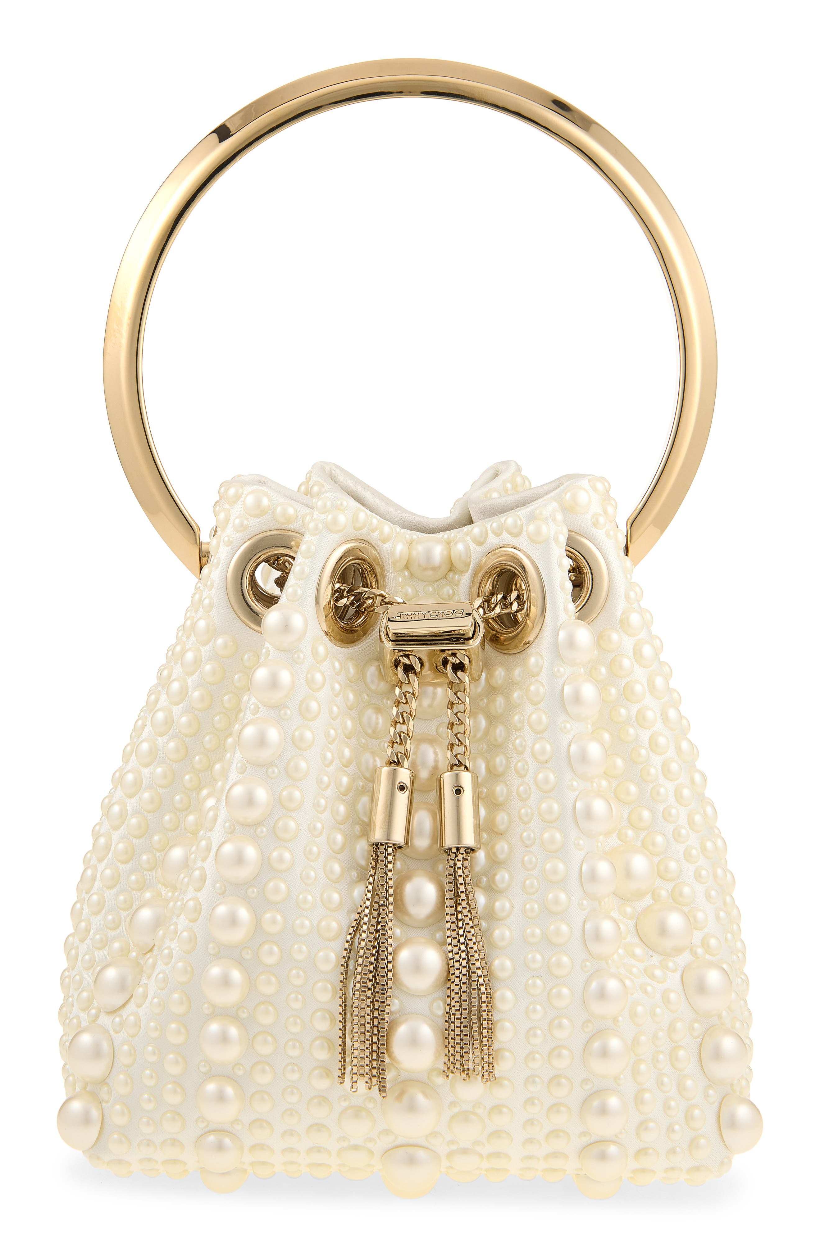 Micro Bon Bon Faux Pearl Embellished Satin Top Handle Pouch, Main, color, IVORY