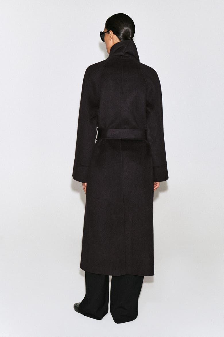Shawl-Collar Double-Faced Wool Long Coat, Alternate, color, DARK BROWN