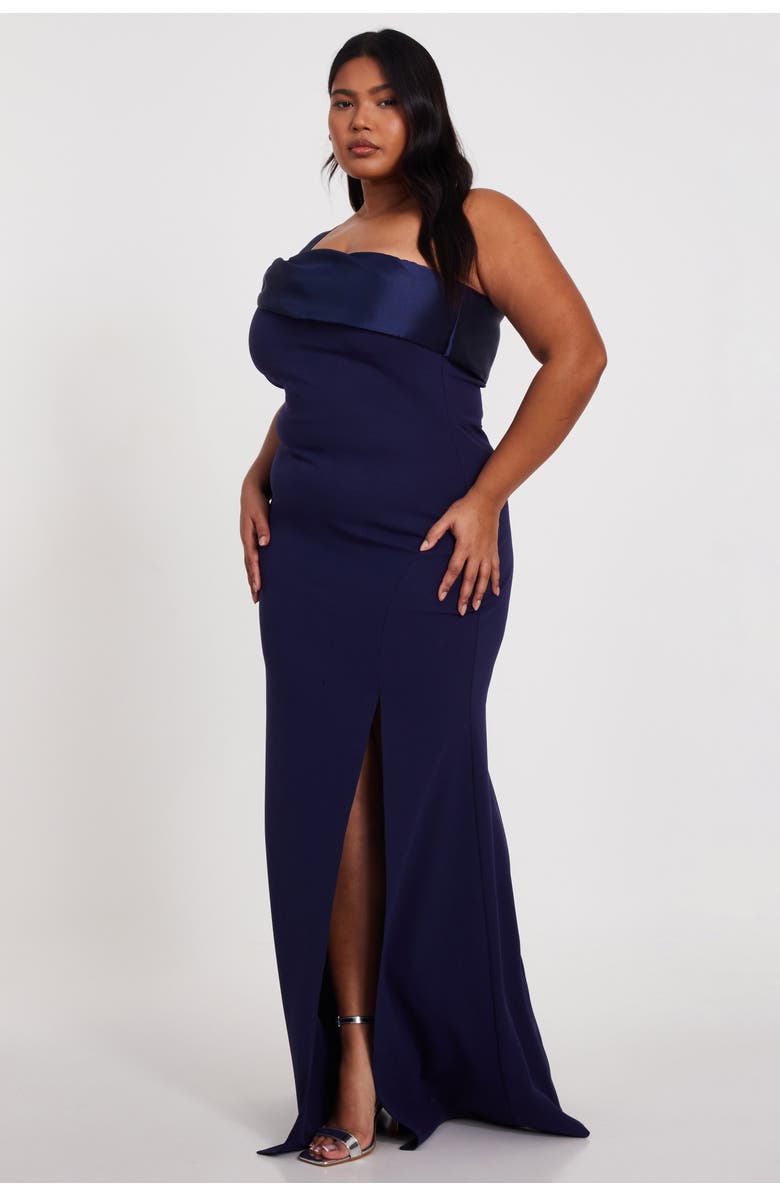 QUIZ Plus Size One Shoulder Satin/Scuba Crepe Maxi Dress, Alternate, color, Navy