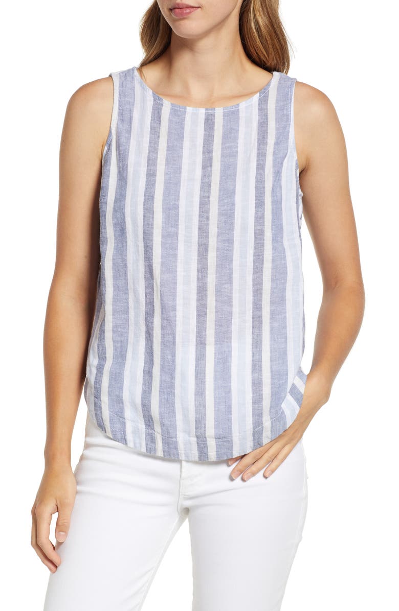 beachlunchlounge Leo Stripe Side Button Linen & Cotton Top, Main, color, Blue Mesh