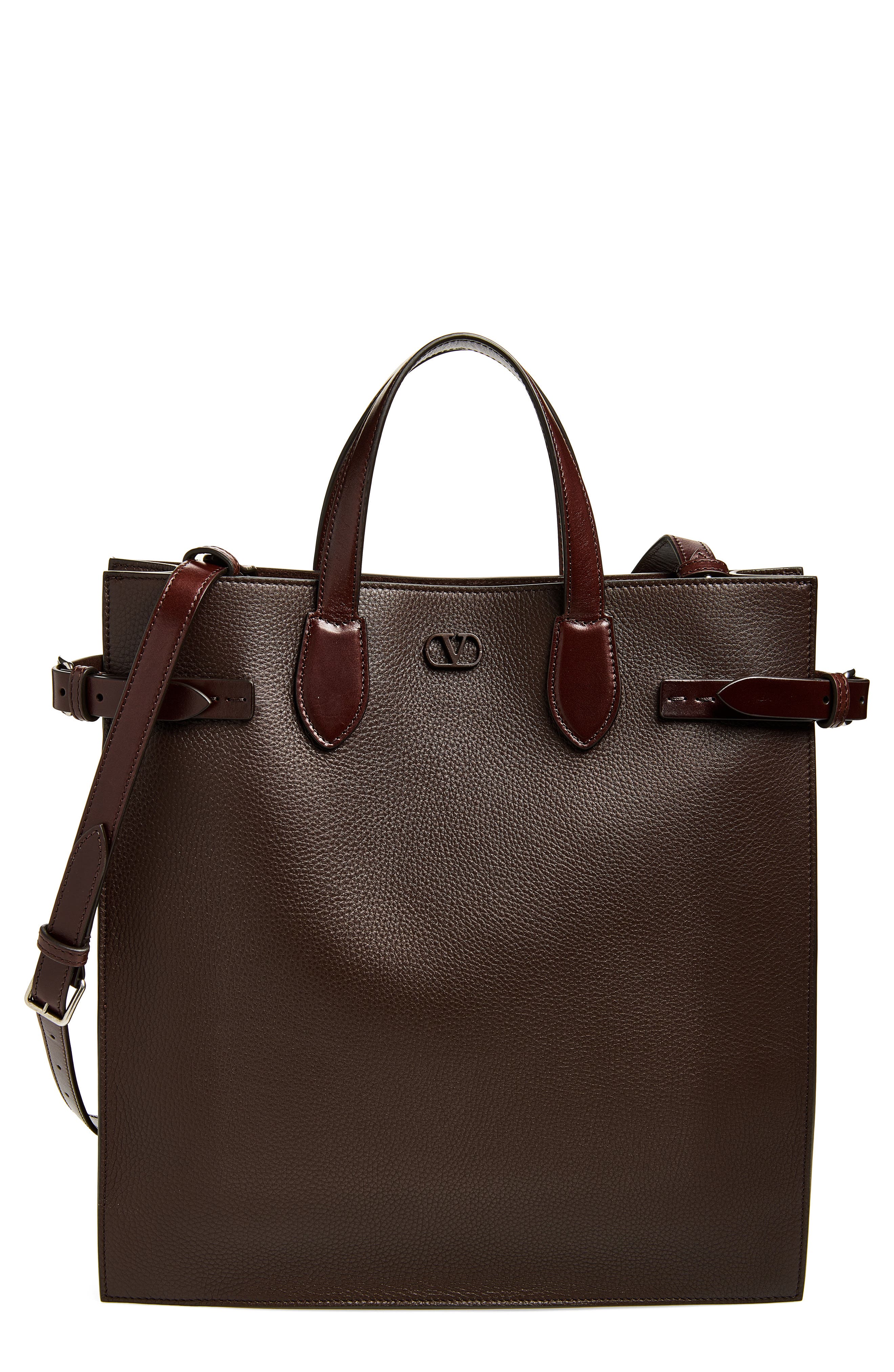 Antibes North/South Grained Leather Tote, Main, color, DARK BROWN