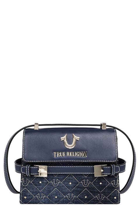 Studded Denim & Faux Leather Tote Bag