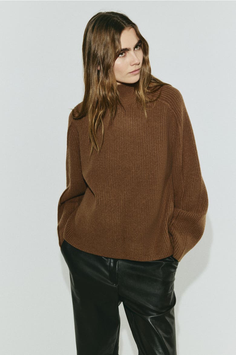 Rib-knit Turtleneck Jumper, Main, color, Brown