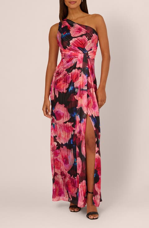 Pleated Floral One-Shoulder Chiffon Gown
