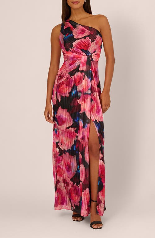 Adrianna Papell Pleated Floral One-shoulder Chiffon Gown In Multi