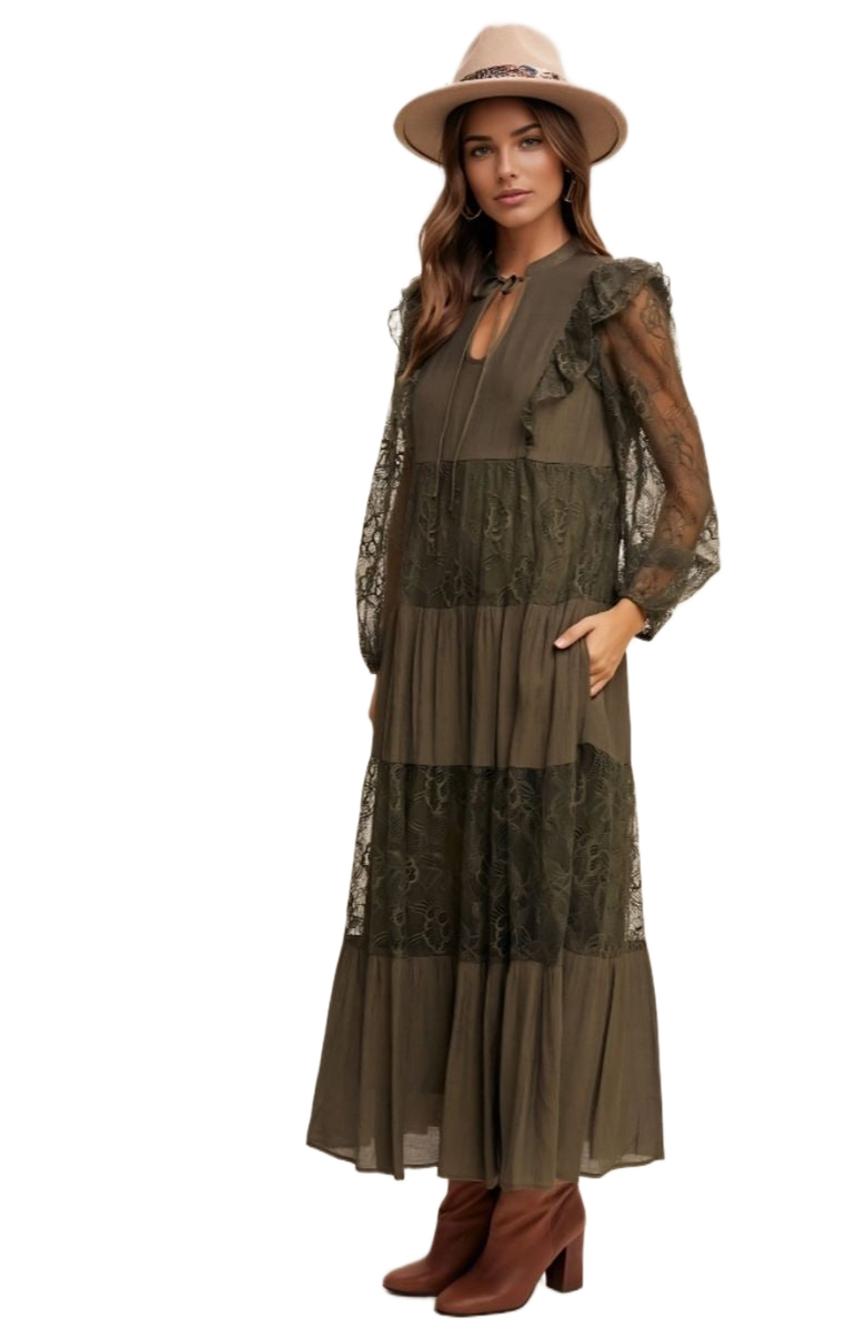Knit and Lounge Lace Tiered Tie Detail Bishop Sleeve Maxi Dress, Alternate, color, 