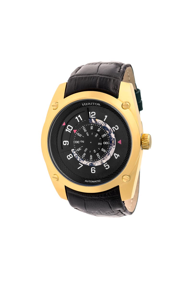 Daniels Semi-Skeleton Leather-Band Watch, Main, color, Gold/Black
