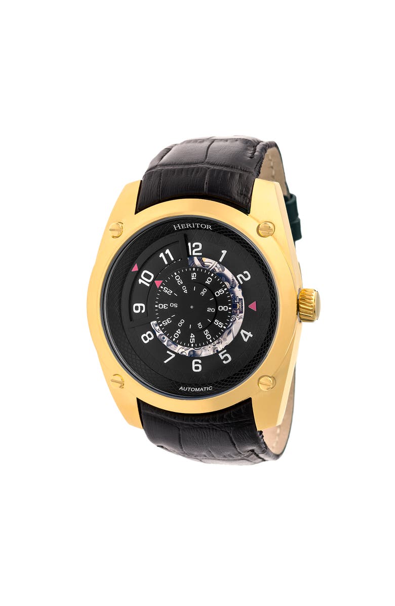 Heritor Automatic Daniels Semi-Skeleton Leather-Band Watch, Main, color, Gold/Black