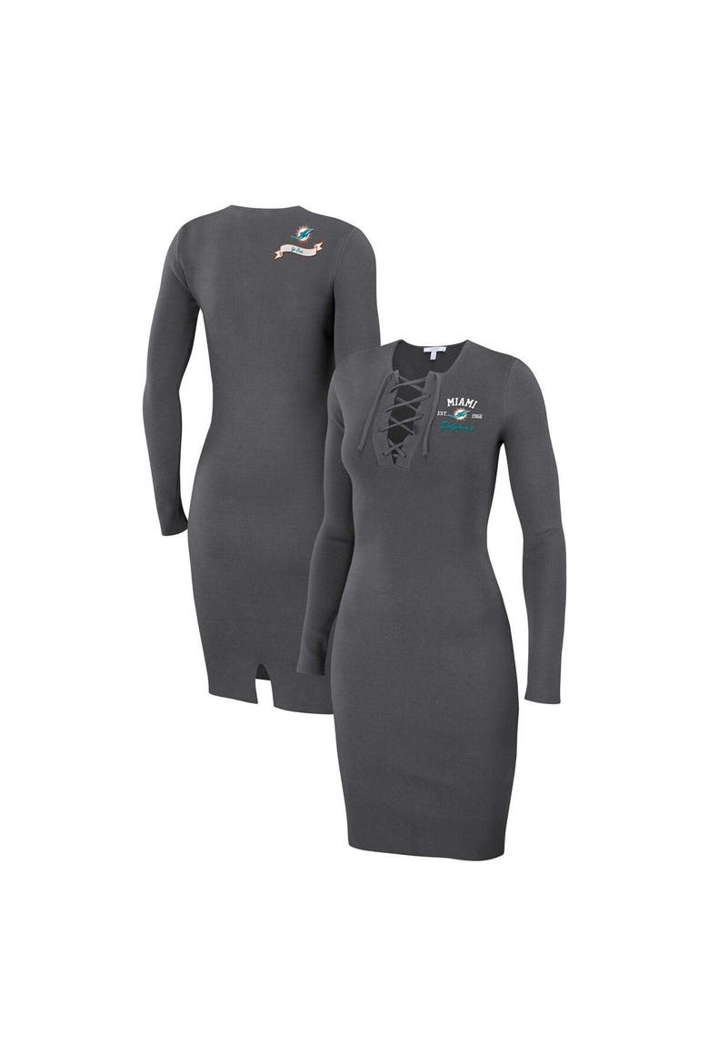 Women's WEAR by Erin Andrews Charcoal Miami Dolphins Lace Up Long Sleeve Dress, Main, color, Charcoal