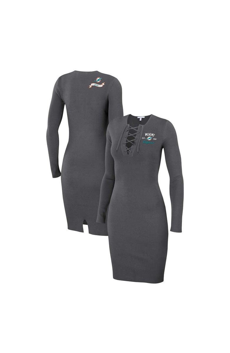 WEAR by Erin Andrews Women's WEAR by Erin Andrews Charcoal Miami Dolphins Lace Up Long Sleeve Dress, Main, color, Charcoal