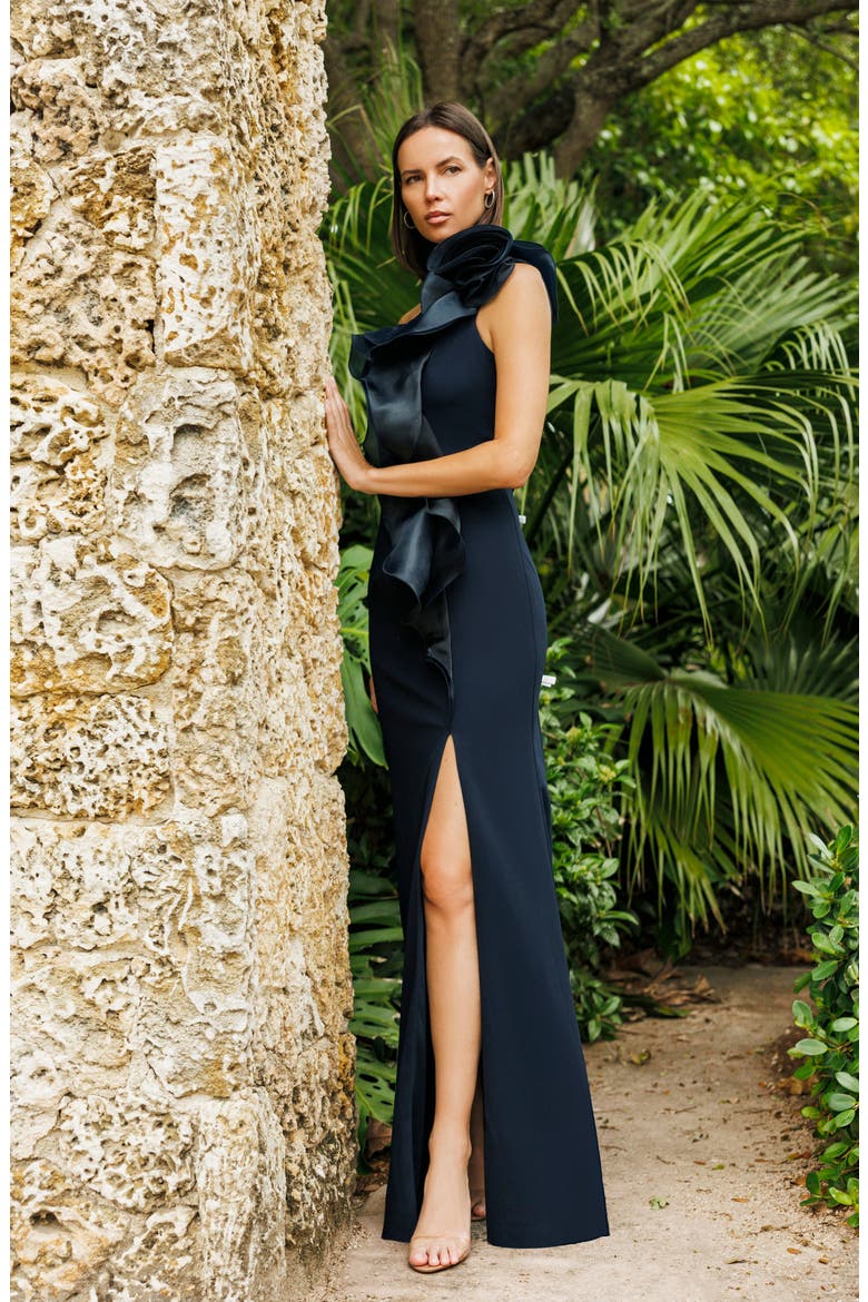 Organza Ruffle One-Shoulder Scuba Crepe Gown, Alternate, color, NAVY/ NAVY