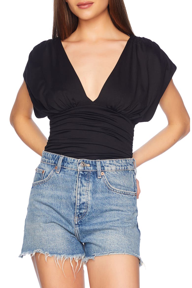 Cap Sleeve Gathered Top, Main, color, BLACK