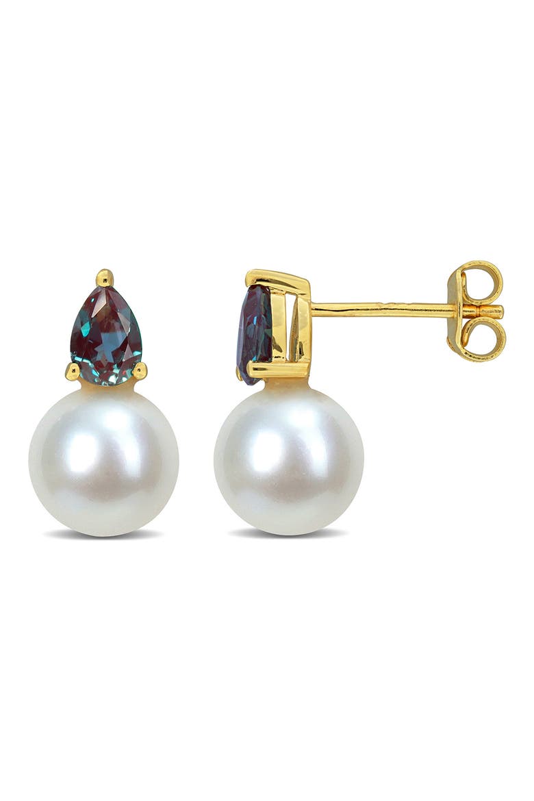 Lab Created Alexandrite & Freshwater Pearl Stud Earrings, Main, color, GREEN