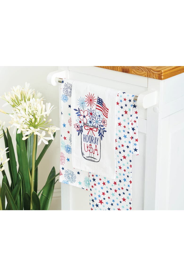 Hooray U.S.A. Flowers Embroidered Cotton Kitchen Kitchen Towel, Alternate, color, Blue