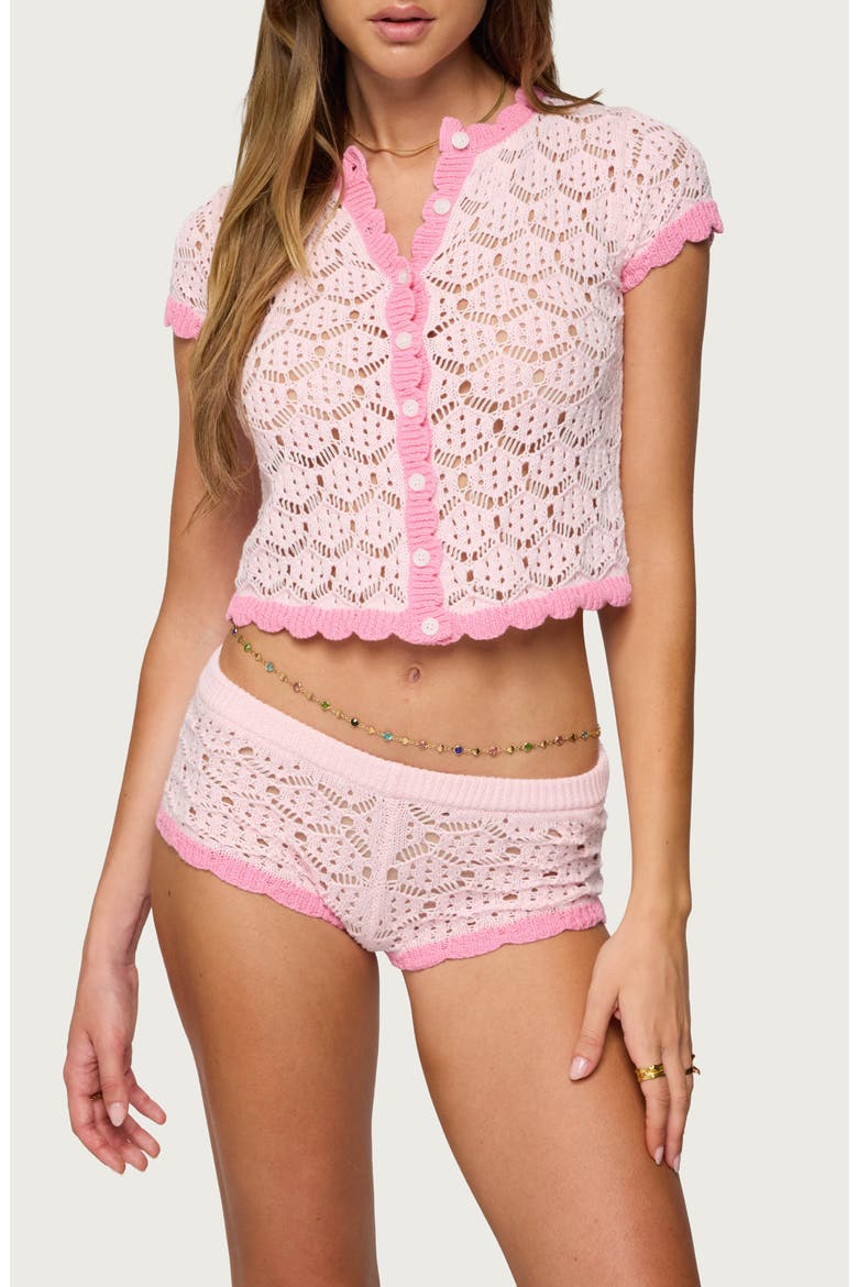 Elisa Open Knit Short Sleeve Cotton Crop Cardigan, Main, color, LIGHT-PINK