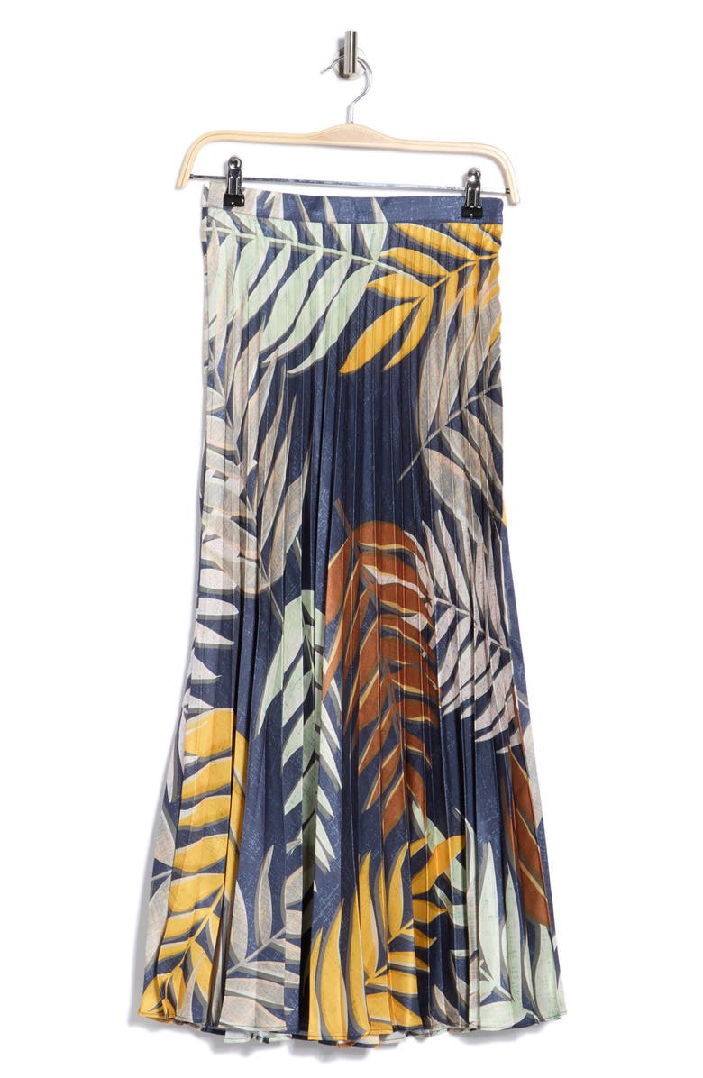 T Tahari Pleated Satin Skirt, Alternate, color, Island Palm Print