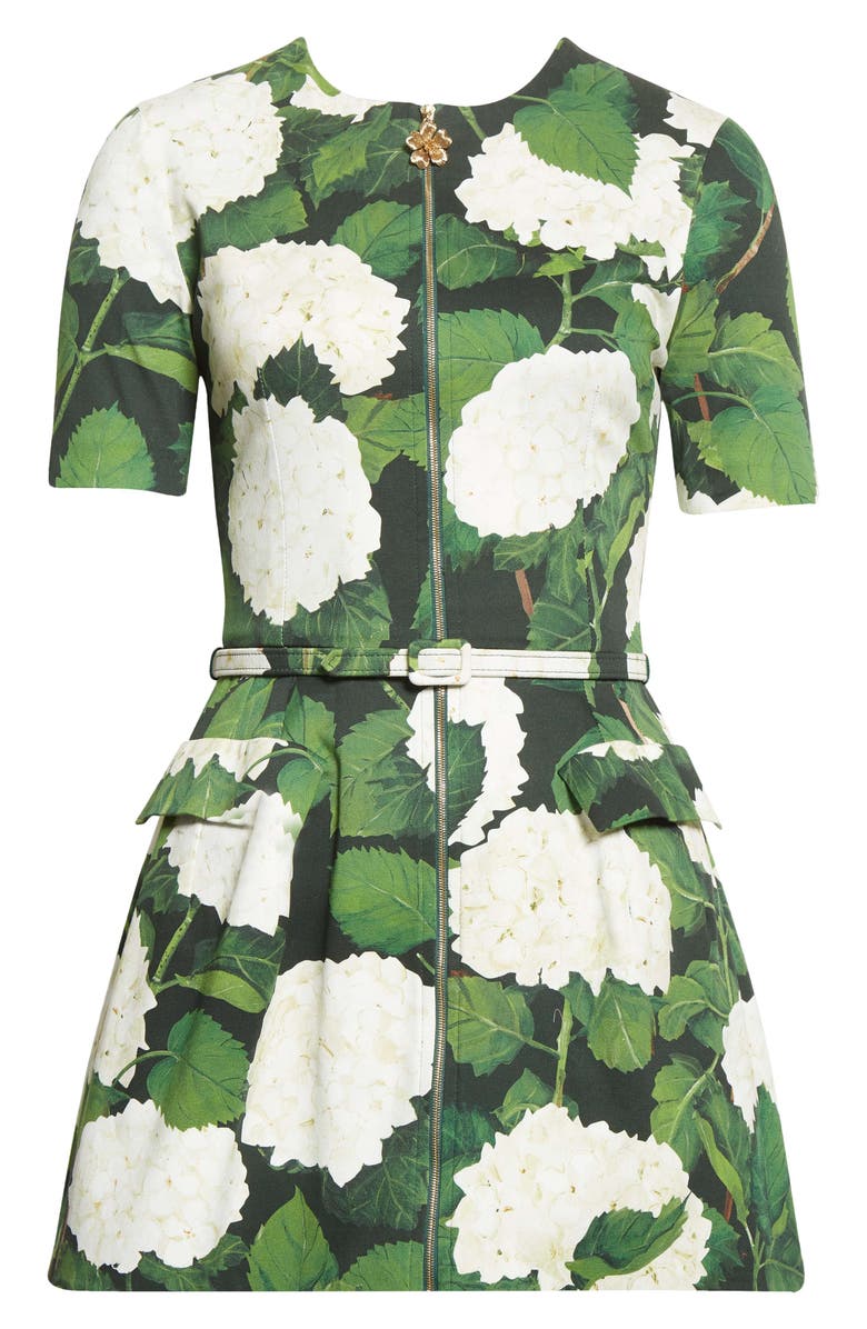 Oscar de la Renta Belted Hydrangea Print Zip Front Stretch Cotton Twill Minidress, Alternate, color,