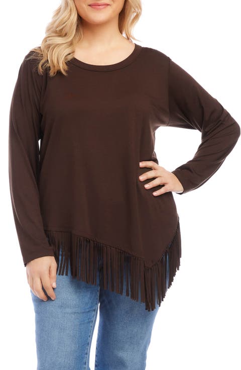 Asymmetric Long Sleeve Fringe Top (Plus)