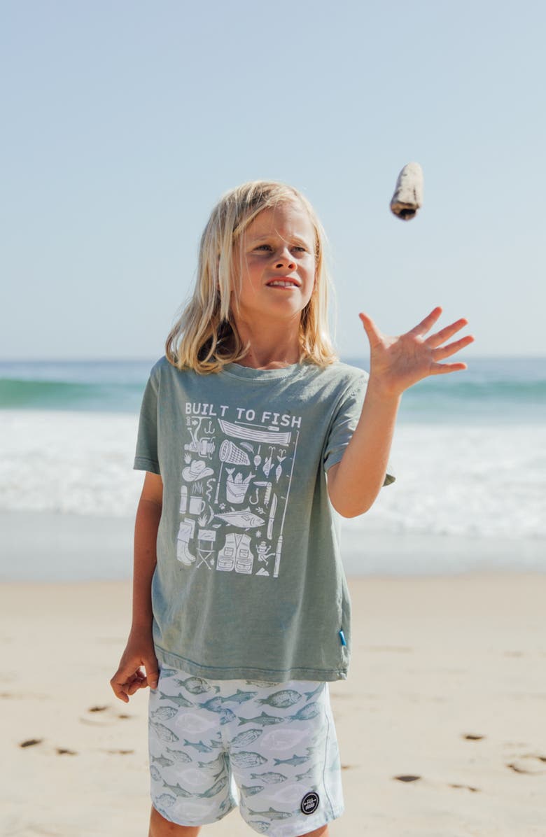 Feather 4 Arrow Kids' Classic Fish Print Board Shorts, Alternate, color, Sage