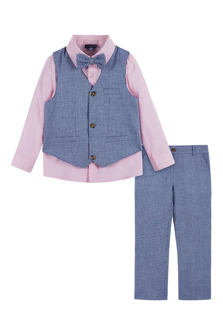 Kids' Vest, Button-Up Shirt, Pants & Bowtie Set, Main, color, BLUE SEERSUCKER