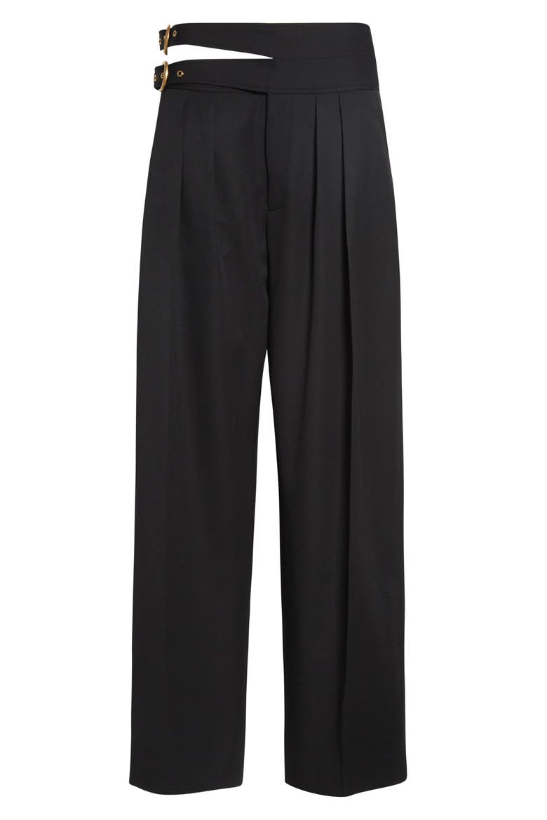 Buckle Keyhole High Waist Wool Straight Leg Pants, Alternate, color, BLACK