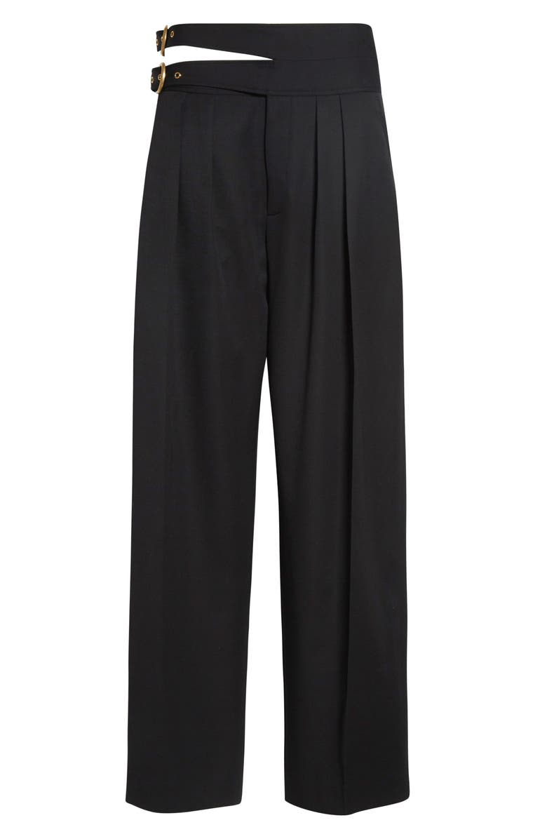 Chloé Buckle Keyhole High Waist Wool Straight Leg Pants, Alternate, color, Black