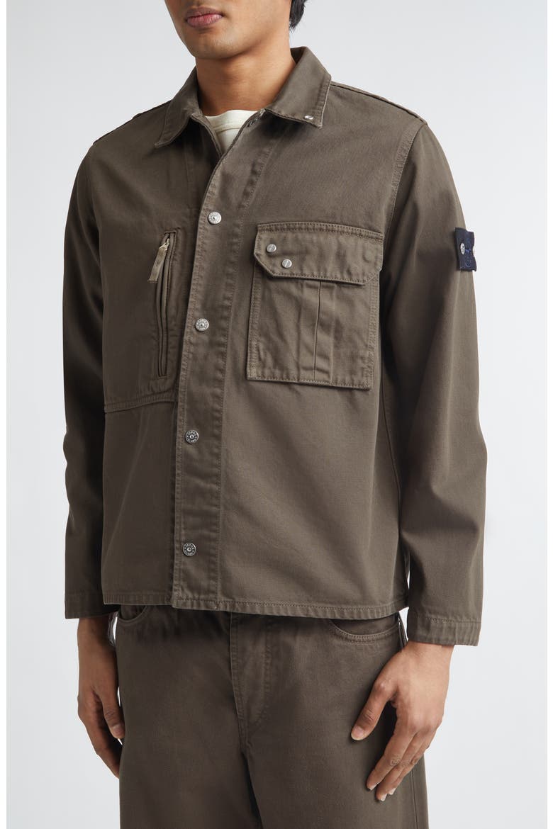 Compass Logo Patch Denim Snap-Up Overshirt, Alternate, color, UMBER