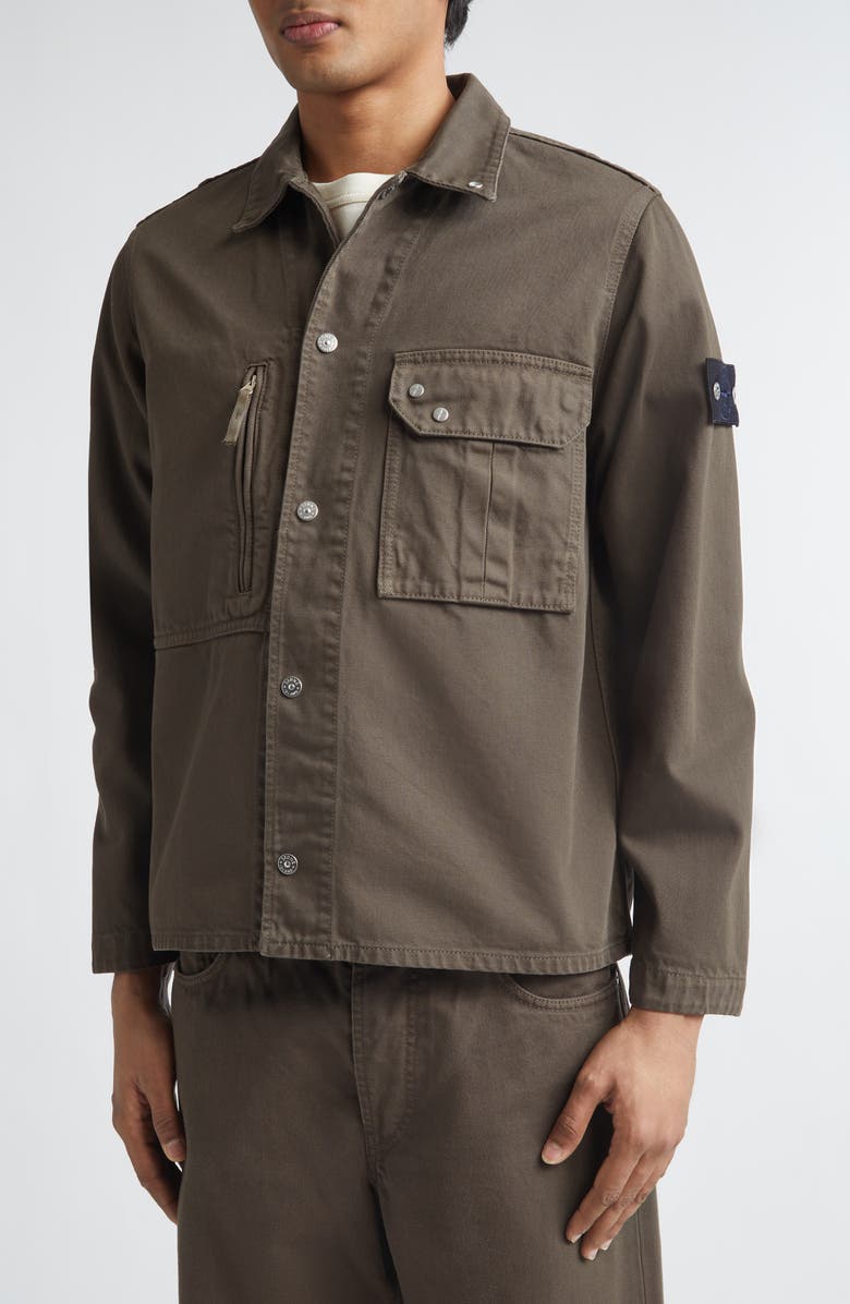 Stone Island Compass Logo Patch Denim Snap-Up Overshirt, Alternate, color, Umber