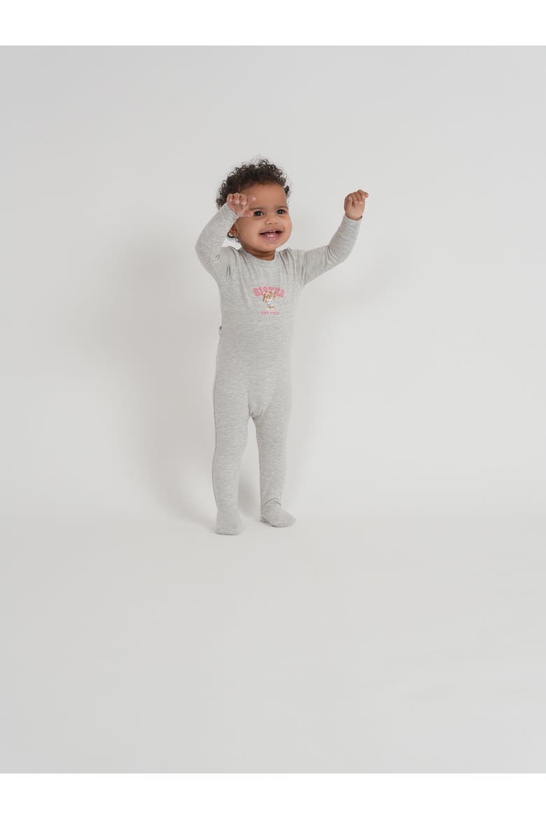 Cotton Spandex Sis Embroidered Bear Snap Back Footed Romper, Alternate, color, Light Grey Mix/Pink