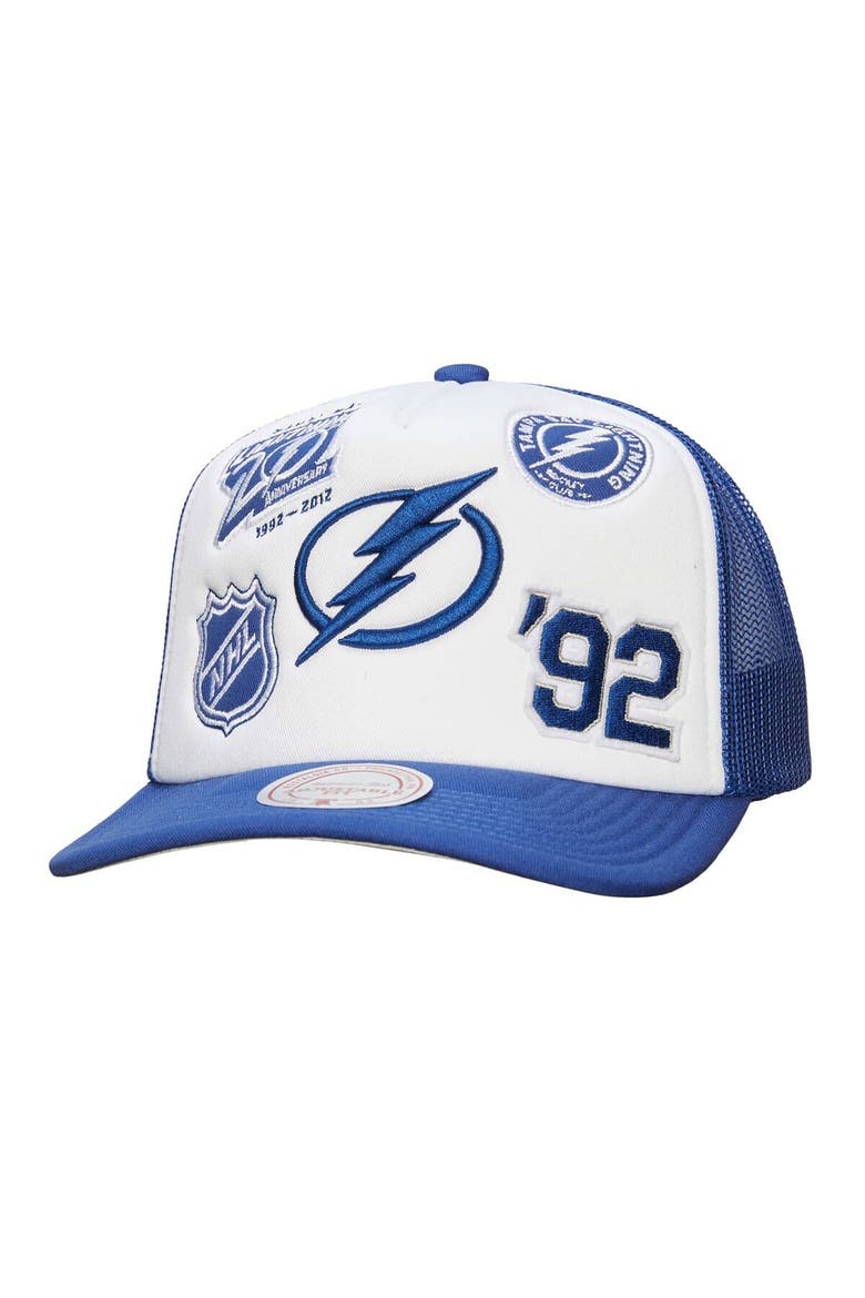 Men's Mitchell & Ness White/Blue Tampa Bay Lightning Gridlock Trucker Adjustable Hat, Main, color, White