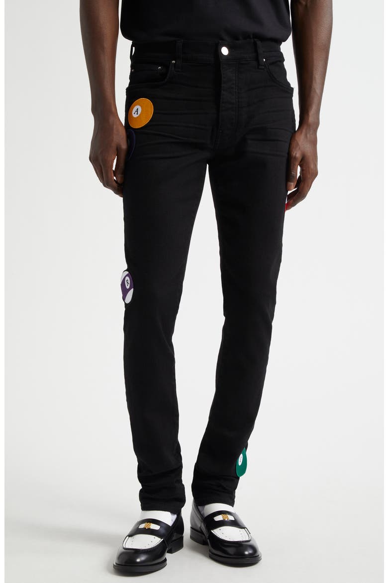Pool Ball Patch Skinny Jeans, Main, color, BLACK