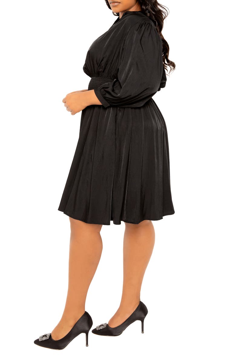 BUXOM COUTURE Smocked Long Sleeve Satin Dress, Alternate, color, Black