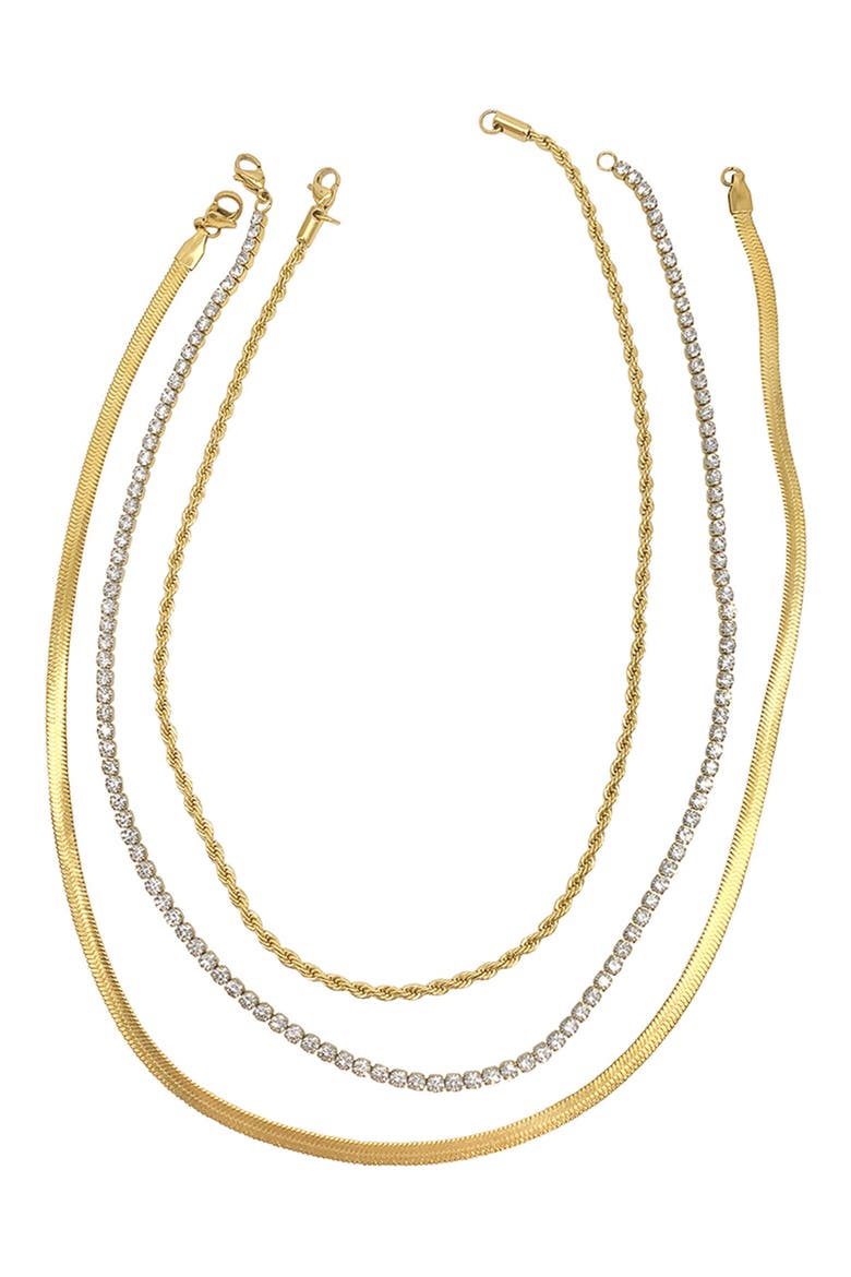 Water Resistant 14K Yellow Gold Plated Herringbone, Rope, & Tennis Chain Necklace Set, Alternate, color, YELLOW