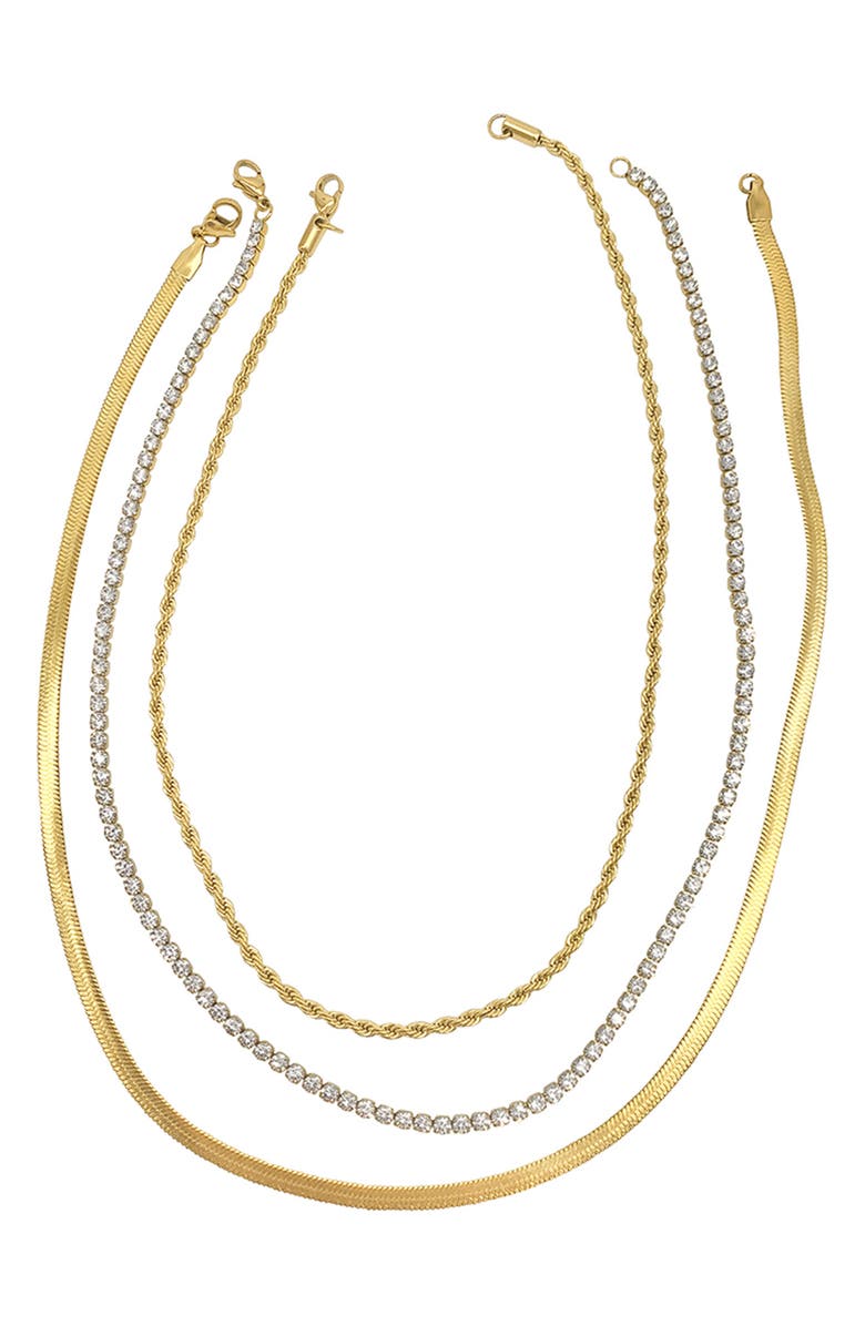 Adornia Water Resistant 14K Yellow Gold Plated Herringbone, Rope, & Tennis Chain Necklace Set, Alternate, color, Yellow