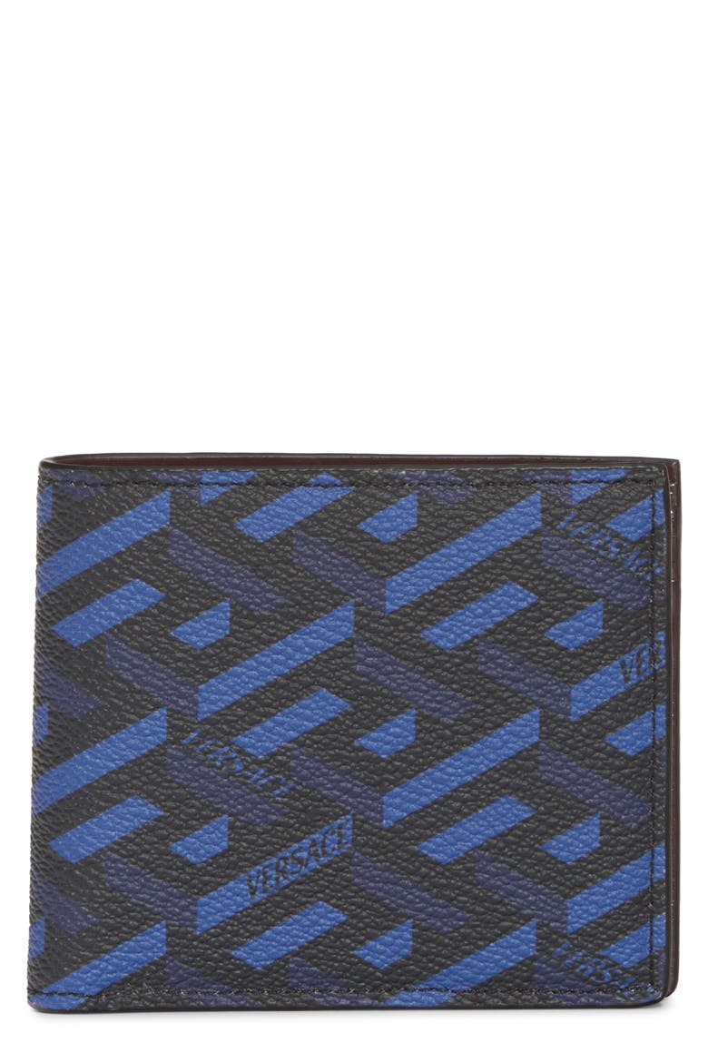 Greca Monogram Faux Leather Wallet, Main, color, NAVY BLUE BLACK