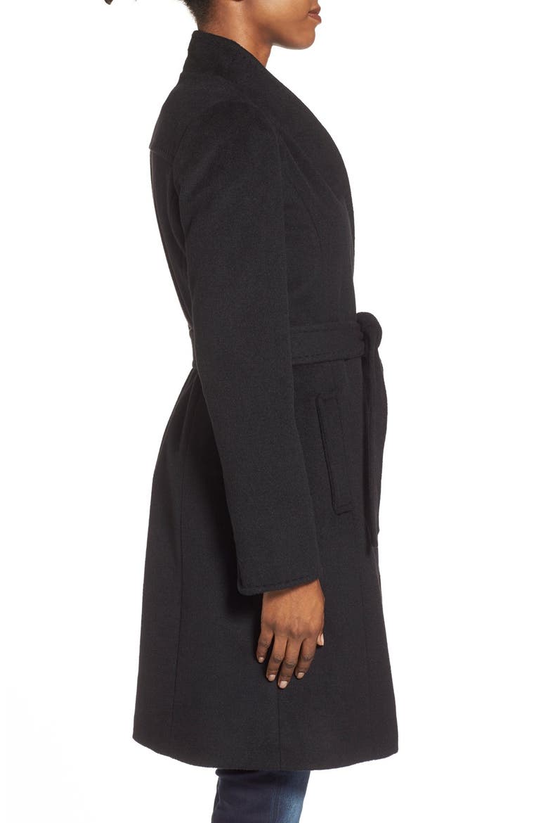 Belted Wool Blend Stand Collar Coat, Alternate, color, BLACK