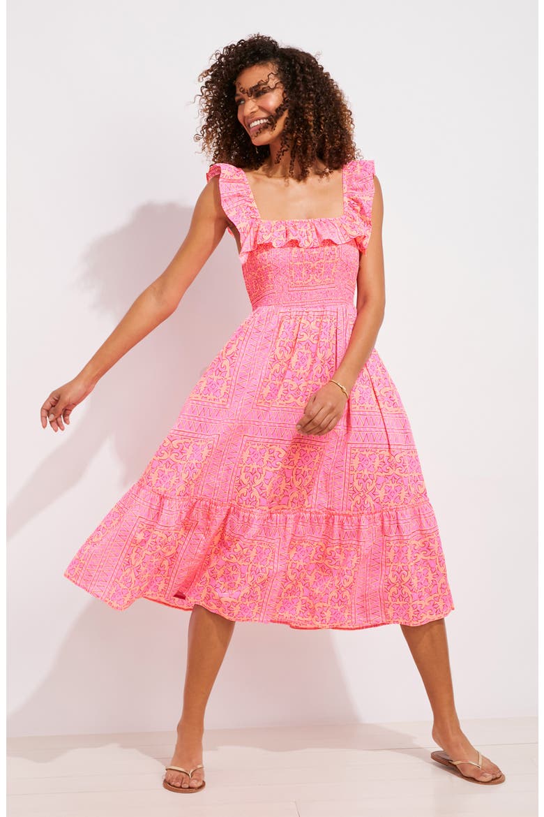 Mix Print Smocked Ruffle Cotton Midi Dress, Alternate, color, KNOCKOUT PINK