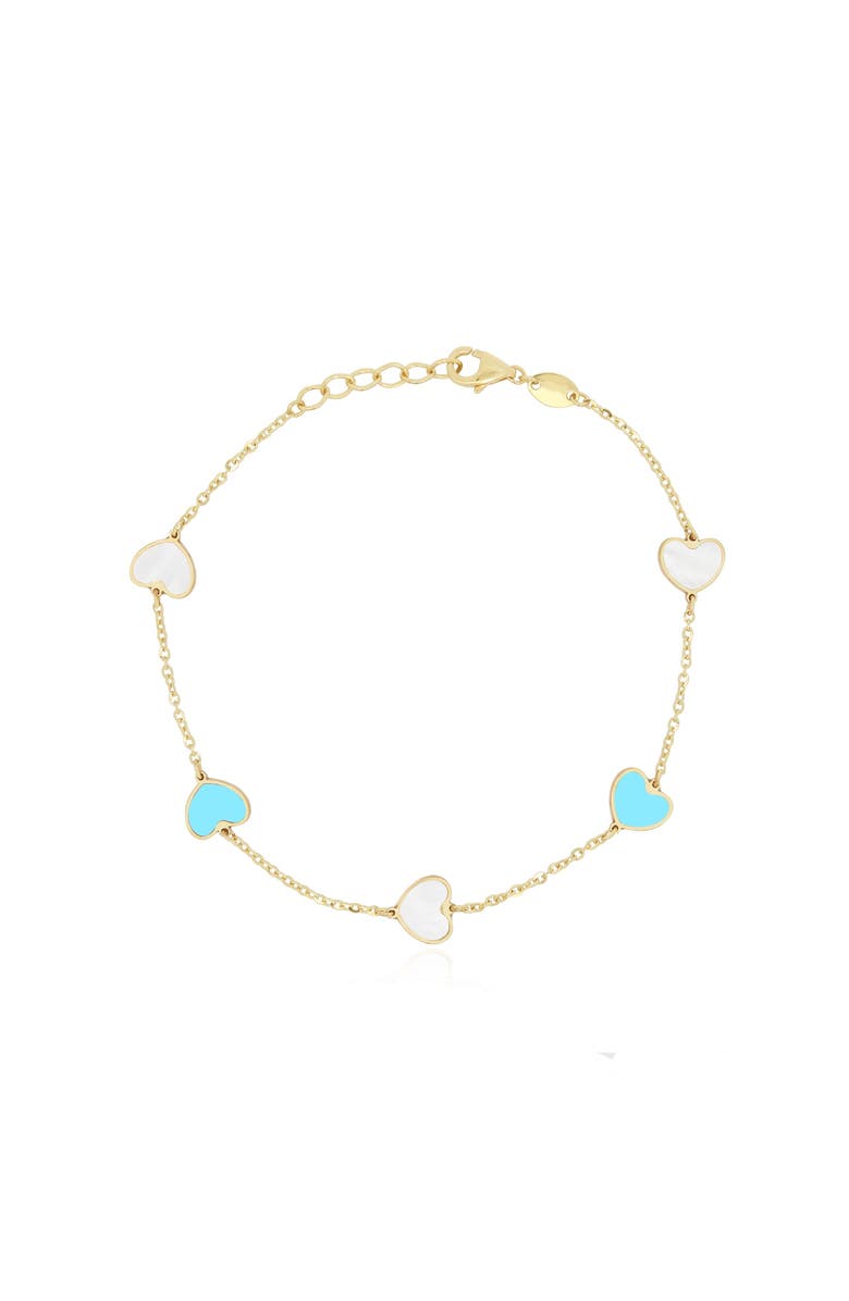 The Lovery Fine Jewelry Mother of Pearl and Turquoise Mixed Heart Station Bracelet, Main, color, Mother Of Pearl And Turquoise