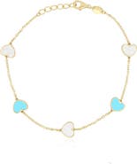 The Lovery Fine Jewelry Mother of Pearl and Turquoise Mixed Heart Station Bracelet