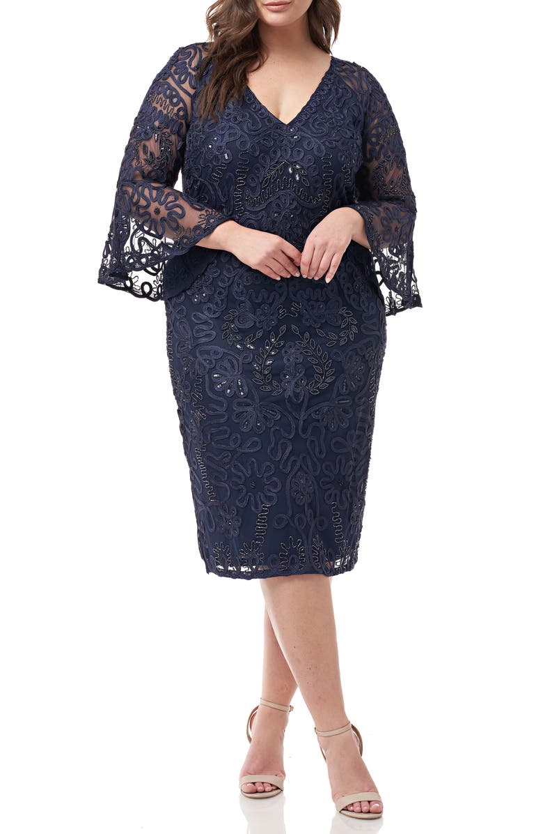 JS Collections Bell Sleeve Mesh Shift Dress, Main, color,