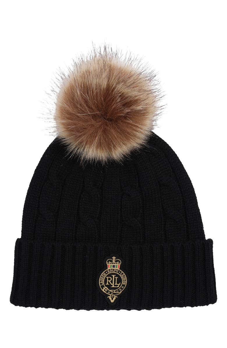 Lauren Ralph Lauren Cable Stitch Crew Patch Pompom Beanie, Main, color, 
