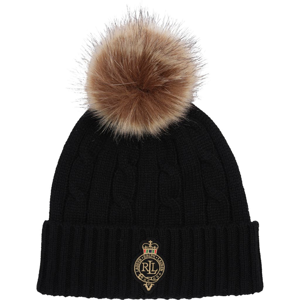 Ralph Lauren Lauren Cable Stitch Crew Patch Pompom Beanie In Black